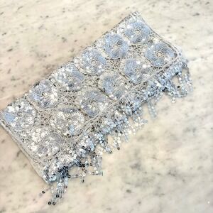 J Francis Silver Sequin Lace Scarf Statement Piece